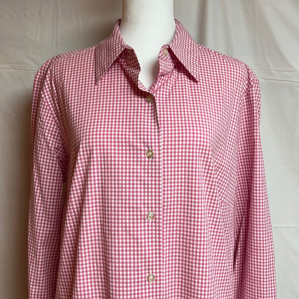 Denim & Co- Medium Pink Gingham button front top with long sleeves